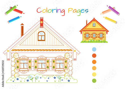 Russian fairy log hut. Old wooden house. Coloring page  book