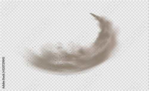 Dust cloud, sand storm, powder spray on transparent background. Desert wind with cloud of dust and sand. Realistic vector illustration.