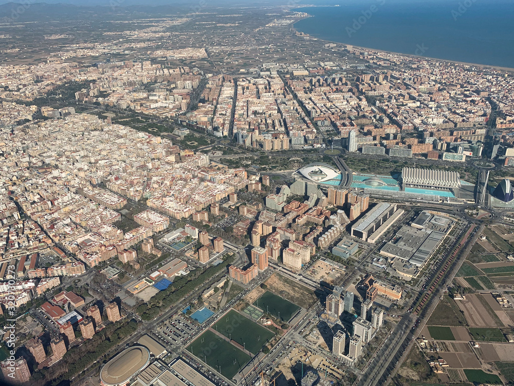 Valencia city and City of the arts and Sciences seen from the air, Valencia, Spain, Europe