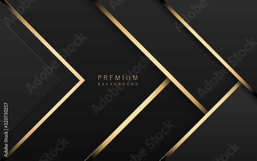 Vector luxury tech background. Stack of black paper material layer with gold stripe. Arrow shape premium wallpaper