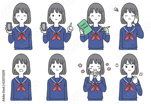 女子学生の表情とポーズのセット