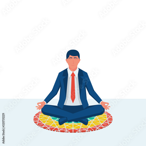 Meditation concept. Businessman sitting in lotus pose. An office worker is meditating on a yoga mat. Vector illustration flat design. Isolated on white background. Remove stress. Modern people.