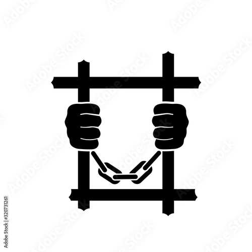 Black icon prisoner. Hands holding prison bars. Vector illustration flat design. Silhouette criminal man behind bars. Isolated on white background. Pictogram arrest. Human in jail in handcuffs.