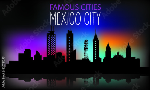 Vector silhouette of the night city on a background of multi-colored sky. Mexico city . Vector illustration