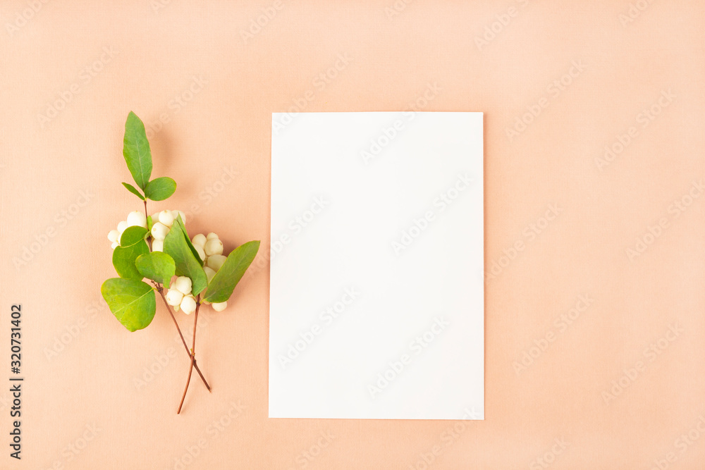 Invitation card mockup. Template blank greeting card to the wedding, birthday and other events. Paper on peach color background with white flowers. Concept of writing romantic for Valentines day Invitation card mockup. Template blank greeting card to the wedding, birthday and other events. Paper on peach color background with white flowers. Concept of writing romantic for Valentines day