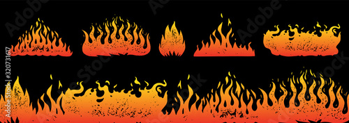 Flame and fire Set in vintage style. Hand drawn engraved monochrome bonfire or burn sketch. Vector illustration for posters, banners and logo.