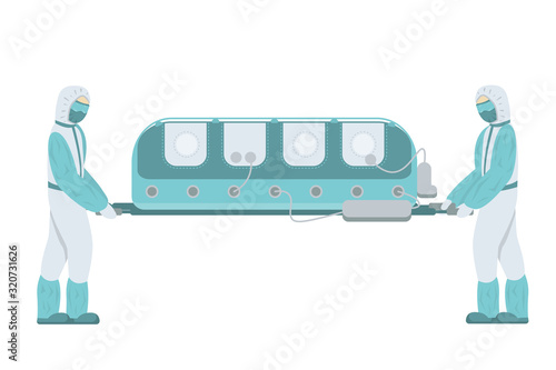 Two medics carry an insulating box with an infected patient. Virus 2019-nCoV. Transportation contaminated with biological threat. Vector illustration isolated on white background.