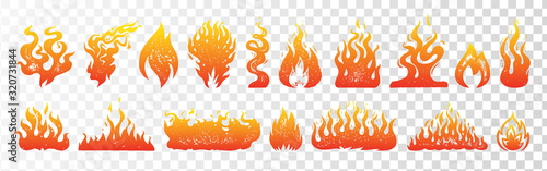 Flame and fire set on transparent background. Hand drawn engraved monochrome color bonfire. Isolated vintage sketch. Vector illustration for posters, banners and logo.