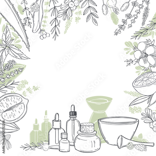 Aromatherapy. Aroma lamp and essential oils. Vector background. Sketch  illustration.