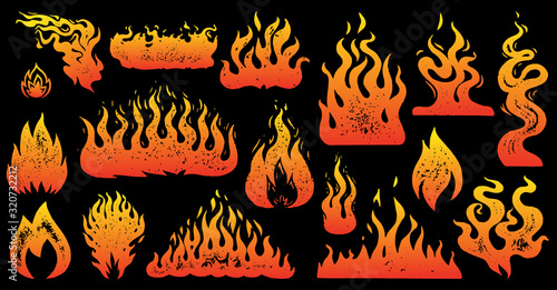 Flame and fire Set in vintage style. Hand drawn engraved monochrome bonfire or burn sketch. Vector illustration for posters, banners and logo.