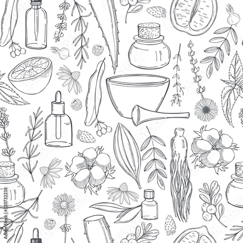 Aromatherapy. Aroma lamp and essential oils.  Vector seamless  pattern