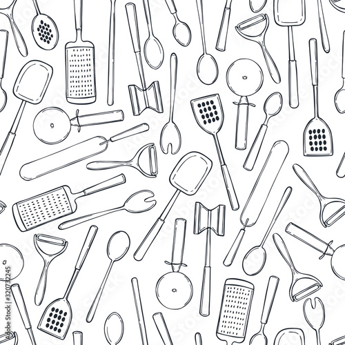 Hand drawn kitchen tools.   Vector seamless  pattern