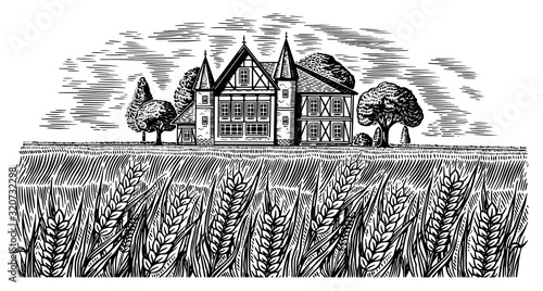 Brewery on the background of wheat and barley. Scenic view of Rural landscape, village field and hill, retro wooden building. Hand drawn monochrome vintage sketch for beer or alcoholic beverage label