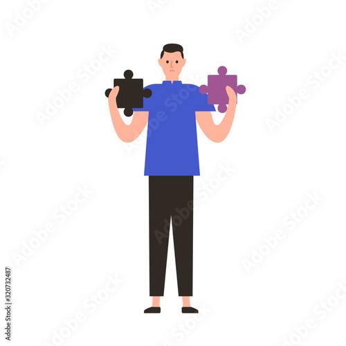 Unhappy cartoon man holding inappropriate jigsaw puzzle pieces vector flat illustration