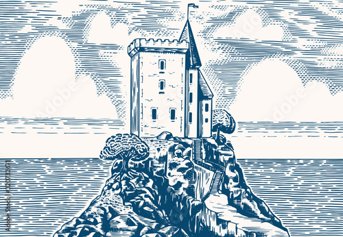Scenic view of vintage fortress on a hill on a background of clouds. Panoramic banner for whiskey shop. Engraved village landscape. Hand drawn monochrome vintage horizontal sketch for alcohol label. 