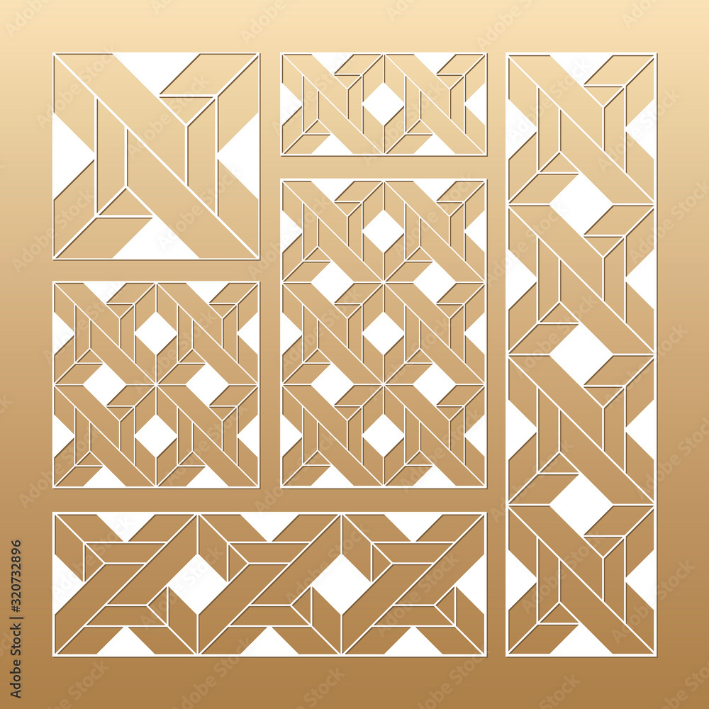Laser cut vector panels (ratio: 1:1, 1:4, 2:1, 2:3, 3:1). Cutout silhouette with geometric seamless pattern.The set is suitable for engraving, laser cutting wood, metal, stencil manufacturing. Laser cut vector panels (ratio: 1:1, 1:4, 2:1, 2:3, 3:1). Cutout silhouette with geometric seamless pattern.The set is suitable for engraving, laser cutting wood, metal, stencil manufacturing.