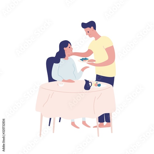 Caring man bringing serving food to pregnant woman vector flat illustration