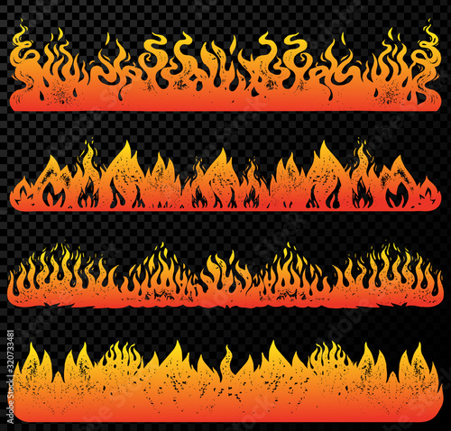 Set of flame and fire in vintage style. Hand drawn engraved monochrome bonfire or burn sketch. Vector illustration for posters, banners and logo.