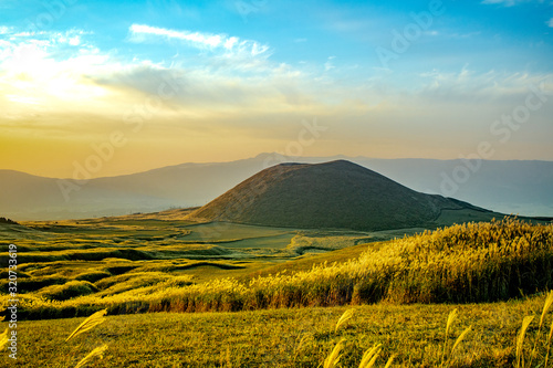 Canvastavla Komezuka of Mount Aso (Aso-san), the largest active volcano in Japan stands in A