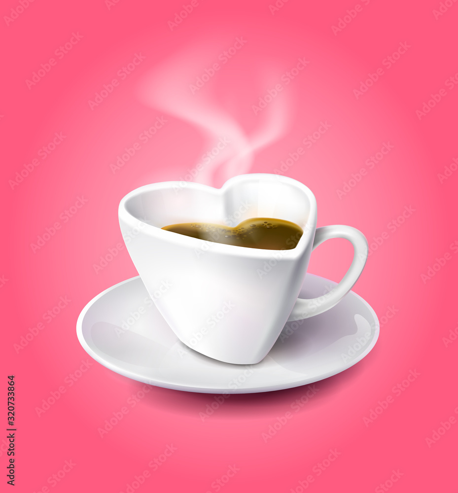Isolated photo realistic vector illustration of a heart-shaped cup filled with hot coffee and steam over a cup. Pink background. Editable EPS vector Isolated photo realistic vector illustration of a heart-shaped cup filled with hot coffee and steam over a cup. Pink background. Editable EPS vector