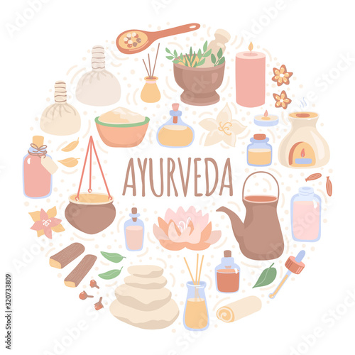 Vector illustration Ayurveda in the round composition. Ayurvedic massage objects in the circle frame. Card, banner, flier design in modern flat style for SPA salons and Shirodhara treatment.