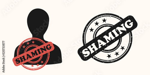 Shaming - person is labelled by rubber stamp. Negative labelling as toll of humilation, aggression and offensive insult. Vector illustration.