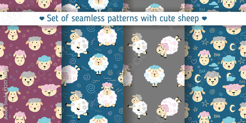Set of seamless patterns with cute sheeps for fabrics, wrapping paper and baby products. With dark colors.