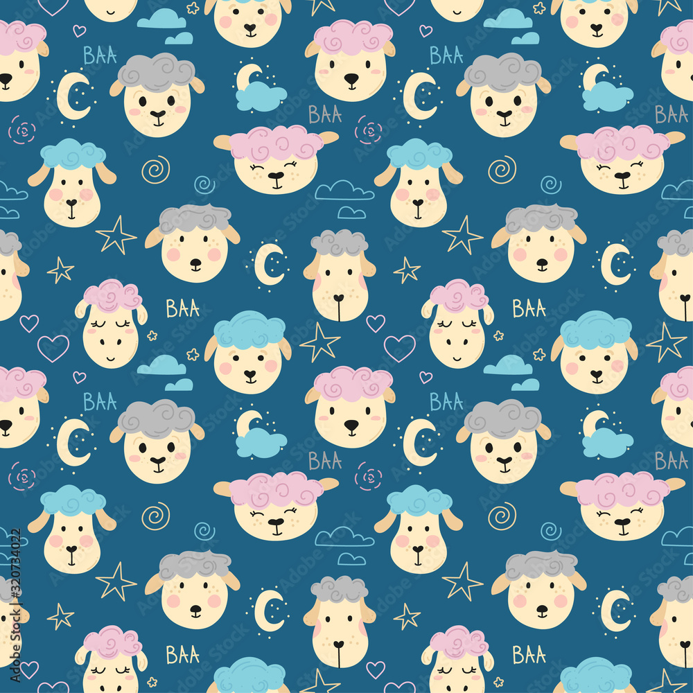 Pattern with cute lambs at night for fabrics, wrapping paper and baby products. Pattern with cute lambs at night for fabrics, wrapping paper and baby products.