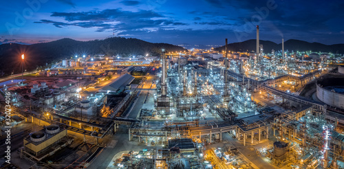Panorama shot of Oil Refinery during sunset in Chonburi, Thailand