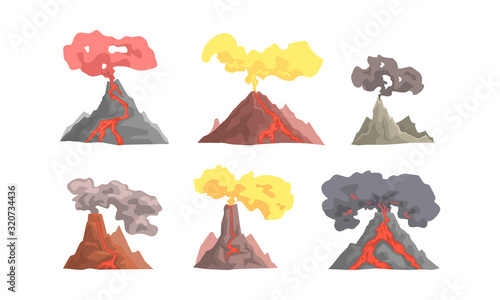 Volcano Eruption Collection, Magma Blowing up with Lava Flowing Down Vector Illustration