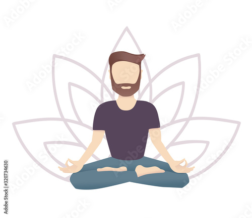 Vector illustration of a meditating man with a Lotus flower on the background. Modern flat style with soft gradients. Guy sitting in the Lotus pose. Yoga and meditation card or poster design.