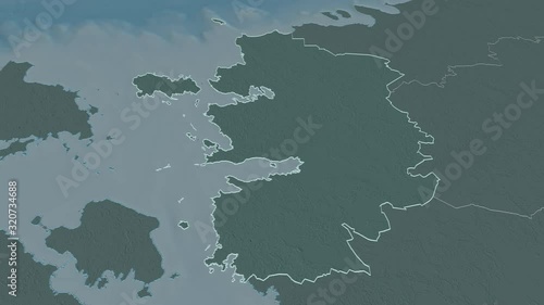 Lääne, county with its capital, zoomed and extruded on the administrative map of Estonia in the conformal Stereographic projection. Animation 3D photo