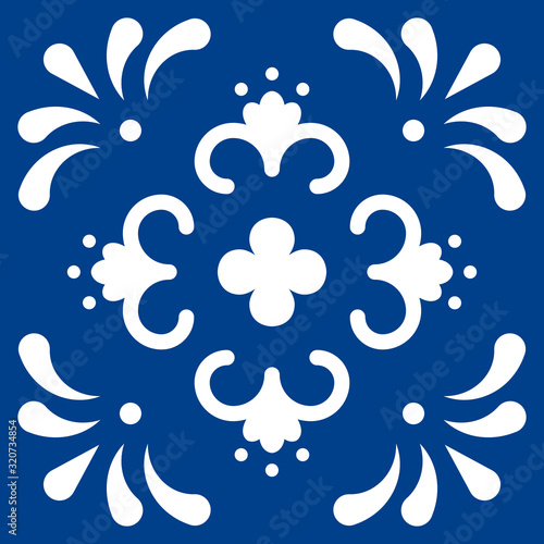 Mexican talavera tile pattern. Ornament in traditional style from Puebla in classic blue and white. Floral ceramic composition with flower, dot and leaves. Folk art design from Mexico.