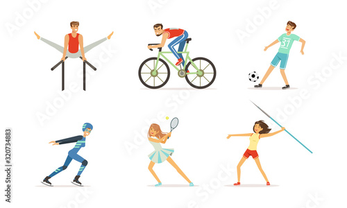 People Doing Different Kind of Sports Set, Professional Athletes Characters Cycling, Ice Skating, Playing Soccer, Tennis, Throwing Javelin Vector Illustration