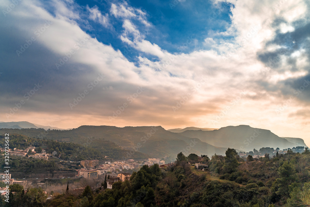 Hiking in Catalonia, Spain to Montserrat. Landscape on sunset. Digital detox