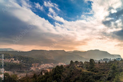 Hiking in Catalonia  Spain to Montserrat. Landscape on sunset. Digital detox