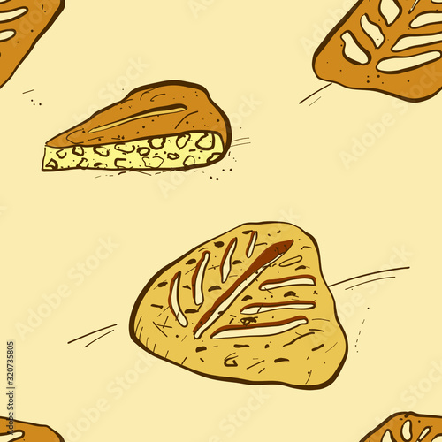 Seamless pattern of sketched Fougasse bread
