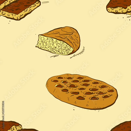 Seamless pattern of sketched Focaccia bread