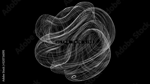 Ultra thin line fluid geometry. Dynamic vector distorted spheres. Digital fractal 3d swirl. Futuristic sound or data waveform. Chaotic particle wave motion trails.