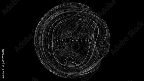 Ultra thin line fluid geometry. Dynamic vector distorted spheres. Digital fractal 3d swirl. Futuristic sound or data waveform. Chaotic particle wave motion trails.