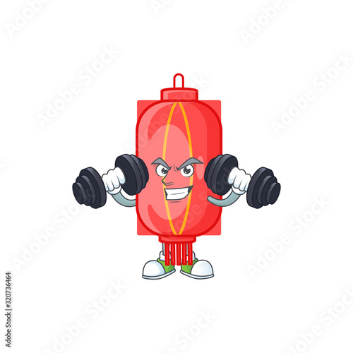 Fitness exercise chinese traditional paper mascot icon with barbells