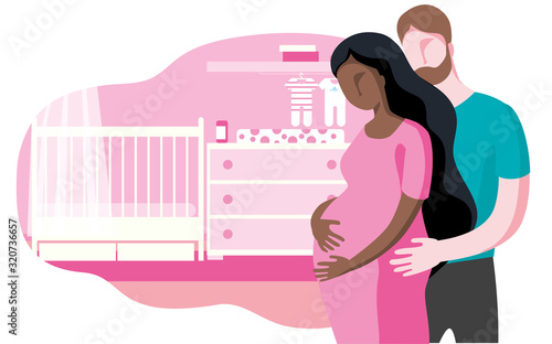 A pregnant interracial couple is expecting a baby. Illustration on the background of the children's room. A pregnant woman in a pink dress and a man in a blue t-shirt.