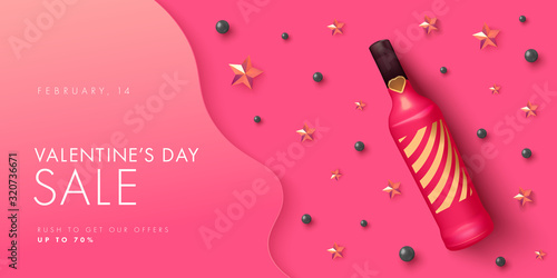 Happy Valentines day sale background with wine bottles and golden stars in realistic vector design. Holiday offer layout in pink color with text. Romance greeting web banner layout template.