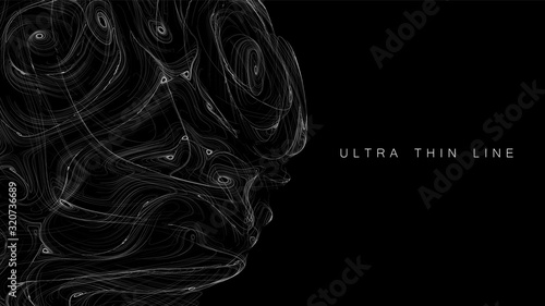 Ultra thin line fluid geometry. Dynamic vector distorted spheres. Digital fractal 3d swirl. Futuristic sound or data waveform. Chaotic particle wave motion trails.