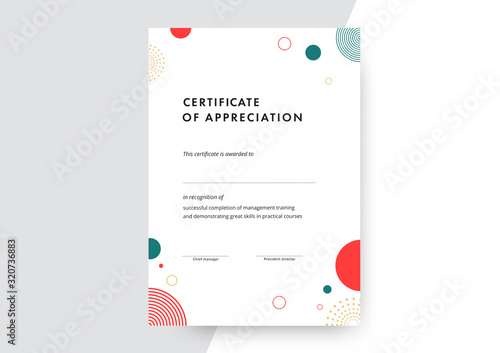 Certificate of appreciation template design. Elegant business diploma layout for training graduation or course completion. Vector background illustration.
