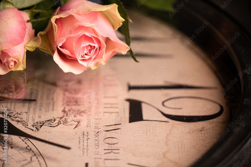 Retro pink rose on a clock face, clock hands