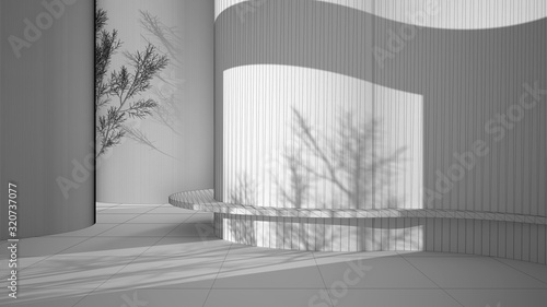 Unfinished project draft, abstract empty interior, grunge background with round and curved structures, light and tree shadows, bench
