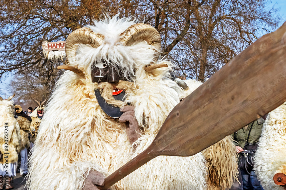 Unidentified people in masks; participants at the Mohacsi Busojaras, it is a carnival for spring greetings (Intangible Cultural Heritage of Humanity of the UNESCO).