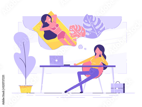 Business woman is relaxing and dreaming about vacation on a tropical island at her work place. Modern office interior. Business concept. Vector illustration.