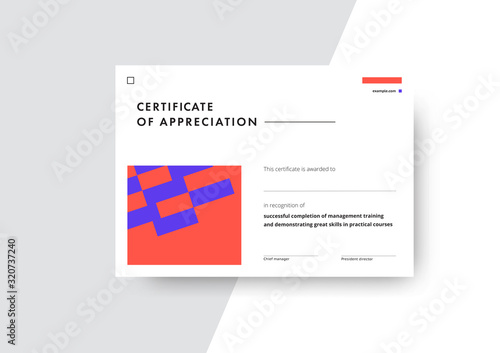 Fototapeta Naklejka Na Ścianę i Meble -  Certificate of appreciation template design. Elegant business diploma layout for training graduation or course completion. Vector background illustration.